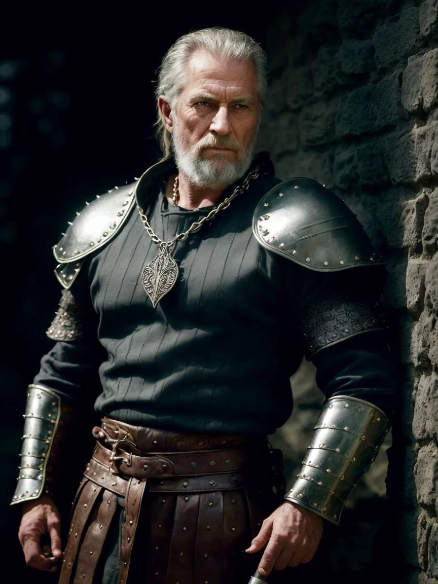 (Highest quality:1.3), cinematic shot, masterpiece, (sharp focus:1.5), (photorealistic:1.3), medium portrait of (a weary-looking but still proud and fierce-looking old Viking warrior, now the leader of his village, dressed in elaborately detailed chain mail and leather armour, a few torches burn on the walls, giving the scene a dark atmosphere but sculpting the forms in sharp chiaroscuro), it is night time, (highly detailed skin), (detailed face), detailed background, dark lighting, twilight lighting, volumetric lighting, intricate details, UHD, <lora:epiNoiseoffset_v2:1.5>