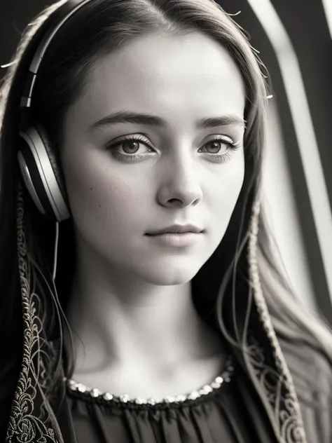 Jane Eyre with headphones, natural skin texture, 24mm, 4k textures, soft cinematic light, adobe lightroom, photolab, hdr, intricate, elegant, highly detailed, sharp focus, ((((cinematic look)))), soothing tones, insane details, intricate details, hyperdetailed, low contrast, soft cinematic light, dim colors, exposure blend, hdr, faded
