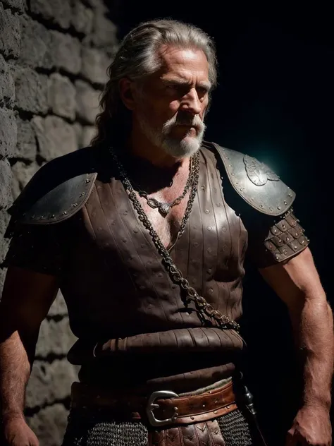 (Highest quality:1.3), cinematic shot, masterpiece, (sharp focus:1.5), (photorealistic:1.3), medium portrait of (a weary-looking but still proud and fierce-looking old Viking warrior, now the leader of his village, dressed in elaborately detailed chain mail and leather armour, a few torches burn on the walls, giving the scene a dark atmosphere but sculpting the forms in sharp chiaroscuro), it is night time, (highly detailed skin), (detailed face), detailed background, dark lighting, twilight lighting, volumetric lighting, intricate details, UHD, <lora:epiNoiseoffset_v2:1.5>