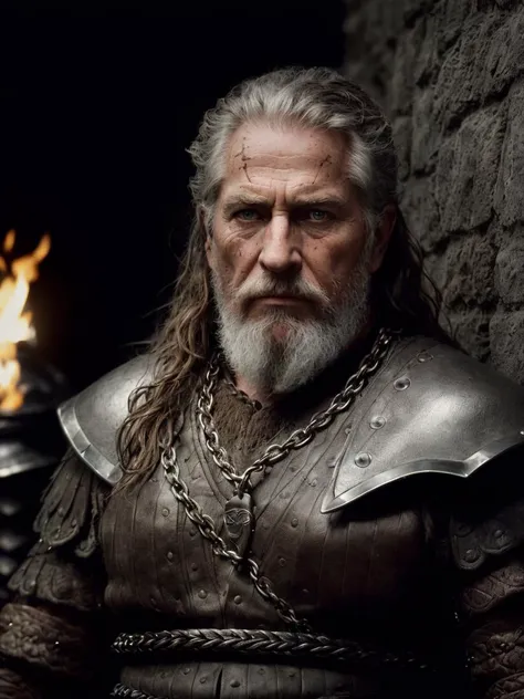 (Highest quality:1.3), cinematic shot, masterpiece, (sharp focus:1.5), (photorealistic:1.3), portrait of (a weary-looking but still proud and fierce-looking old Viking warrior, now the leader of his village, dressed in elaborately detailed chain mail and leather armour, a few torches burn on the walls, giving the scene a dark atmosphere but sculpting the forms in sharp chiaroscuro), it is night time, (highly detailed skin), (detailed face), detailed background, dark lighting, twilight lighting, volumetric lighting, intricate details, UHD, <lora:epiNoiseoffset_v2:1.5>