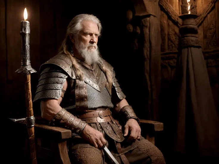 Highest quality, masterpiece, photorealistic, medium shot, RAW photo, of (a weary-looking but still proud and fierce-looking old Viking warrior, now the leader of his village, dressed in elaborately detailed chain mail and leather armour, sitting on a carved wooden throne furrowed with Viking runes and symbols, in the village meeting hall, on his lap rests an elaborately carved and beautifully crafted longsword, a few torches burn on the walls, giving the scene a dark atmosphere but sculpting the forms in sharp chiaroscuro), it is night time, (highly detailed skin), skin texture, (detailed face), detailed background, sharp focus, dark lighting, twilight lighting, volumetric lighting, highly detailed, intricate details, 8k, highly detailed, UHD, HDR <lora:epiNoiseoffset_v2:1.5>