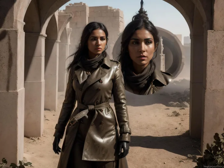 High Fashion, girl algeria, skin color light ebony tone of skin , (establishing shot:1.8), wearing Post-apocalyptic, shabby Negotiator's Outfit: Trench coat, scarf, sturdy boots, satchel, gloves., looking_at_viewer, holding, collarbone, blurry, (With a Throwing Axe hanging around the shoulder (aiming)), full body shot ,  sunny day , noon, BREAK, (face:Inverted Triangle Face, Mediterranean Eyes, [eye color amber], Nose with an Alluring Hook Shape, protruding upper lip, lower cheekbones, round chin), (ultra detailed eyes and face)<lora:eyetuneT:1>, dramatic, (masterpiece, best quality, high quality), hyperdetailed, highres, intricate detail, HDR, 8k, sharp focus, detailed background, extremely detailed face eyes lips nose, perfect hands, realistic eyes, detailed skin texture, subsurface scattering, realistic, temple, dark, photorealistic,, The First World War, Tunneling,Grenades,Barrages, Dust storms, Screams, Haunting,Menacing,Ghoulish, Torment,Despair,Grief, Mirrors, Trompe l'oeil, Symmetry, Tertiary colors, ultra detailed, intricate, surrealism, glazing, dry brush, oil on canvas , dynamic, dramatic, haute couture, elegant, ornate clothing, High Fashion