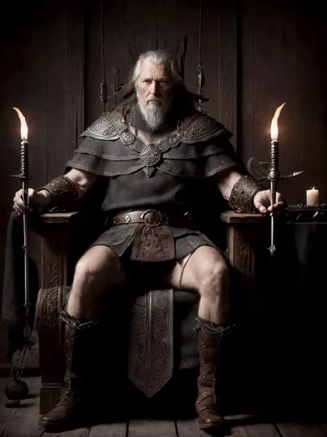 (Highest quality:1.3), cinematic shot, masterpiece, (sharp focus:1.5), (photorealistic:1.3), portrait of (a weary-looking but still proud and fierce-looking old Viking warrior, now the leader of his village, dressed in elaborately detailed chain mail and leather armour, sitting on a carved wooden throne furrowed with Viking runes and symbols, in the village meeting hall, on his lap rests an elaborately carved and beautifully crafted longsword, a few torches burn on the walls, giving the scene a dark atmosphere but sculpting the forms in sharp chiaroscuro), it is night time, (highly detailed skin), (detailed face), detailed background, dark lighting, twilight lighting, volumetric lighting, intricate details, UHD, <lora:epiNoiseoffset_v2:1.5>