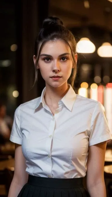a young tall white woman, 23yo, medium black hair, hair bun, big black eyes, slim face, small breasts, collared shirt, unbuttoned skirt, standing, restaurant, upper body, close up, front view, 4k, realistic photo, extremely detailed face, night light
