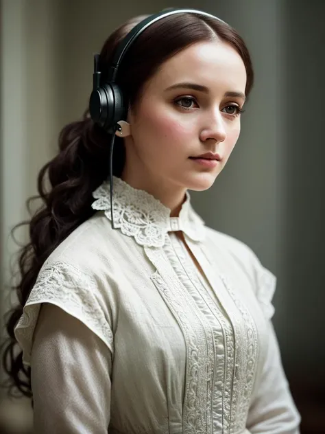 Jane Eyre with headphones, natural skin texture, 24mm, 4k textures, soft cinematic light, adobe lightroom, photolab, hdr, intricate, elegant, highly detailed, sharp focus, ((((cinematic look)))), soothing tones, insane details, intricate details, hyperdetailed, low contrast, soft cinematic light, dim colors, exposure blend, hdr, faded