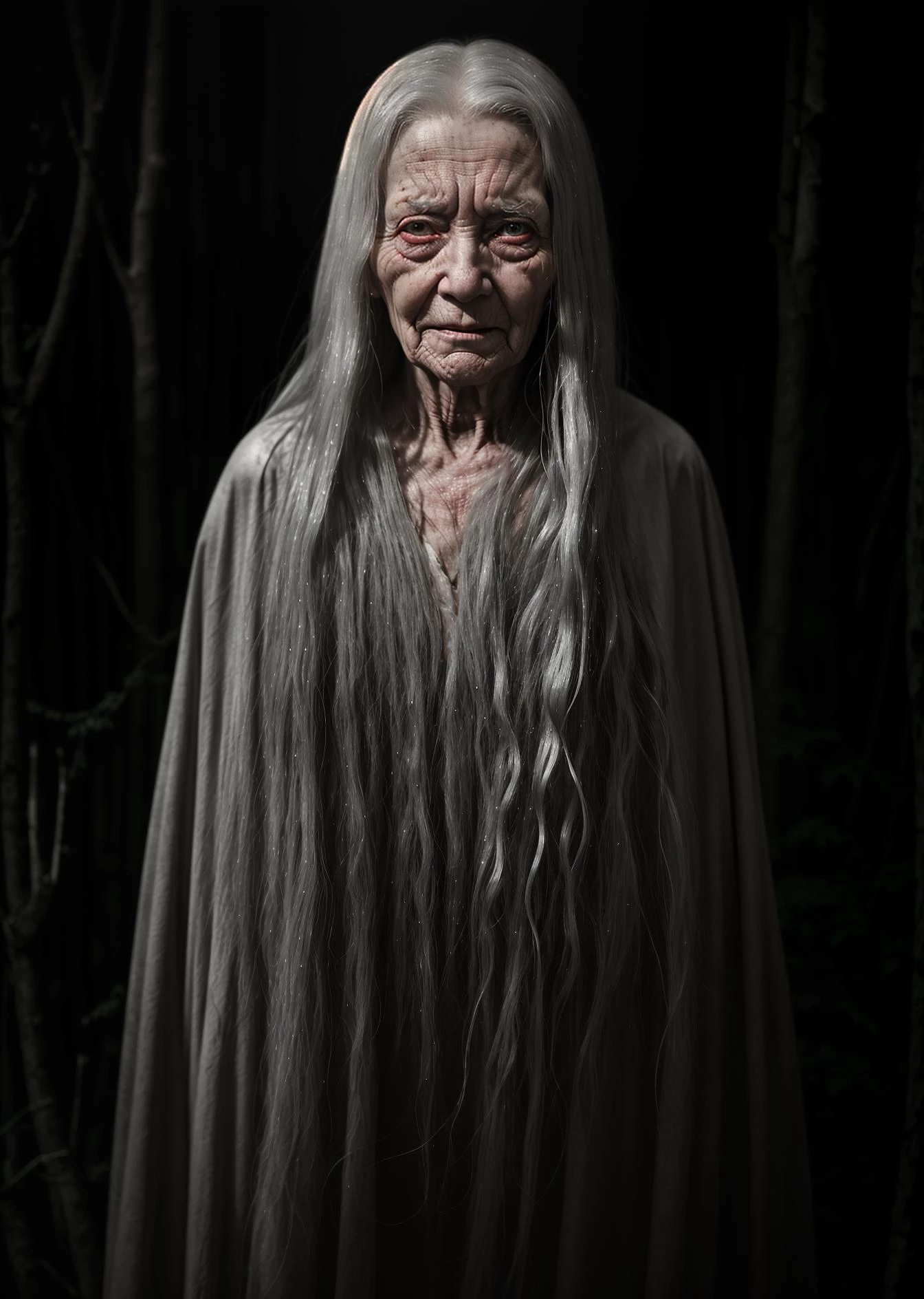 (solo), alone, candid of a Banshees with creepy smiles, are often depicted as old women with long gray hair, her eyes are red from continual weeping
she is usually seen wearing a green dress or cloak, Sometimes, she may be dressed in white, she is known for her mournful âkeening,â or wailing, which is believed to foretell the death of a family member. Sometimes, she can be seen combing their long, streaming hair, dark night in rustic forest, horror theme, dimly lit, low key, <lora:epiNoiseoffset_v2:0.75>