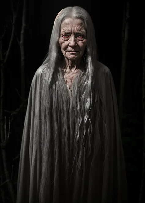 (solo), alone, candid of a Banshees with creepy smiles, are often depicted as old women with long gray hair, her eyes are red from continual weeping
she is usually seen wearing a green dress or cloak, Sometimes, she may be dressed in white, she is known for her mournful âkeening,â or wailing, which is believed to foretell the death of a family member. Sometimes, she can be seen combing their long, streaming hair, dark night in rustic forest, horror theme, dimly lit, low key,  <lora:epiNoiseoffset_v2:0.75>