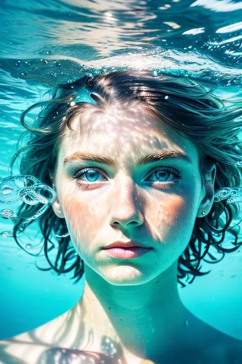 Head looking out of the sea, pretty face, waves, sunlight, air bubbles, hyperrealistic, real photo shoot, 8k, aqua, underwater, wet, waterline