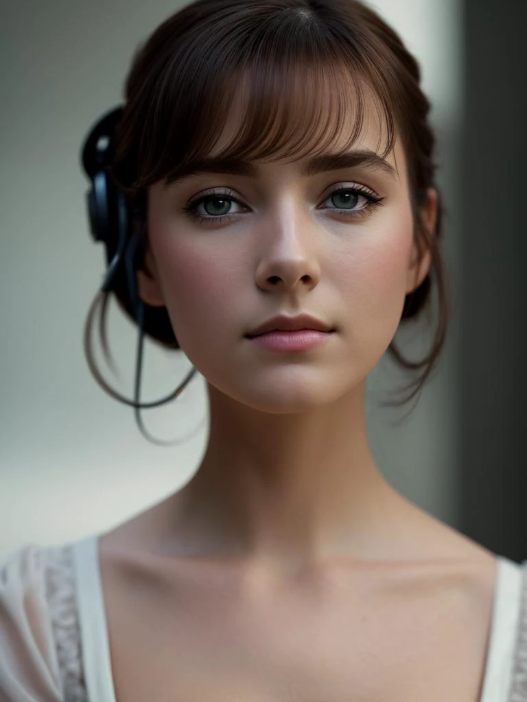 (Highest quality:1.3), cinematic shot, masterpiece, (sharp focus:1.5), (photorealistic:1.3), portrait of Jane Eyre with headphones, natural skin texture, 24mm, 4k textures, soft cinematic light, adobe lightroom, photolab, hdr, intricate, elegant, highly detailed, sharp focus, ((((cinematic look)))), soothing tones, insane details, intricate details, hyperdetailed, low contrast, soft cinematic light, dim colors, exposure blend, hdr, faded