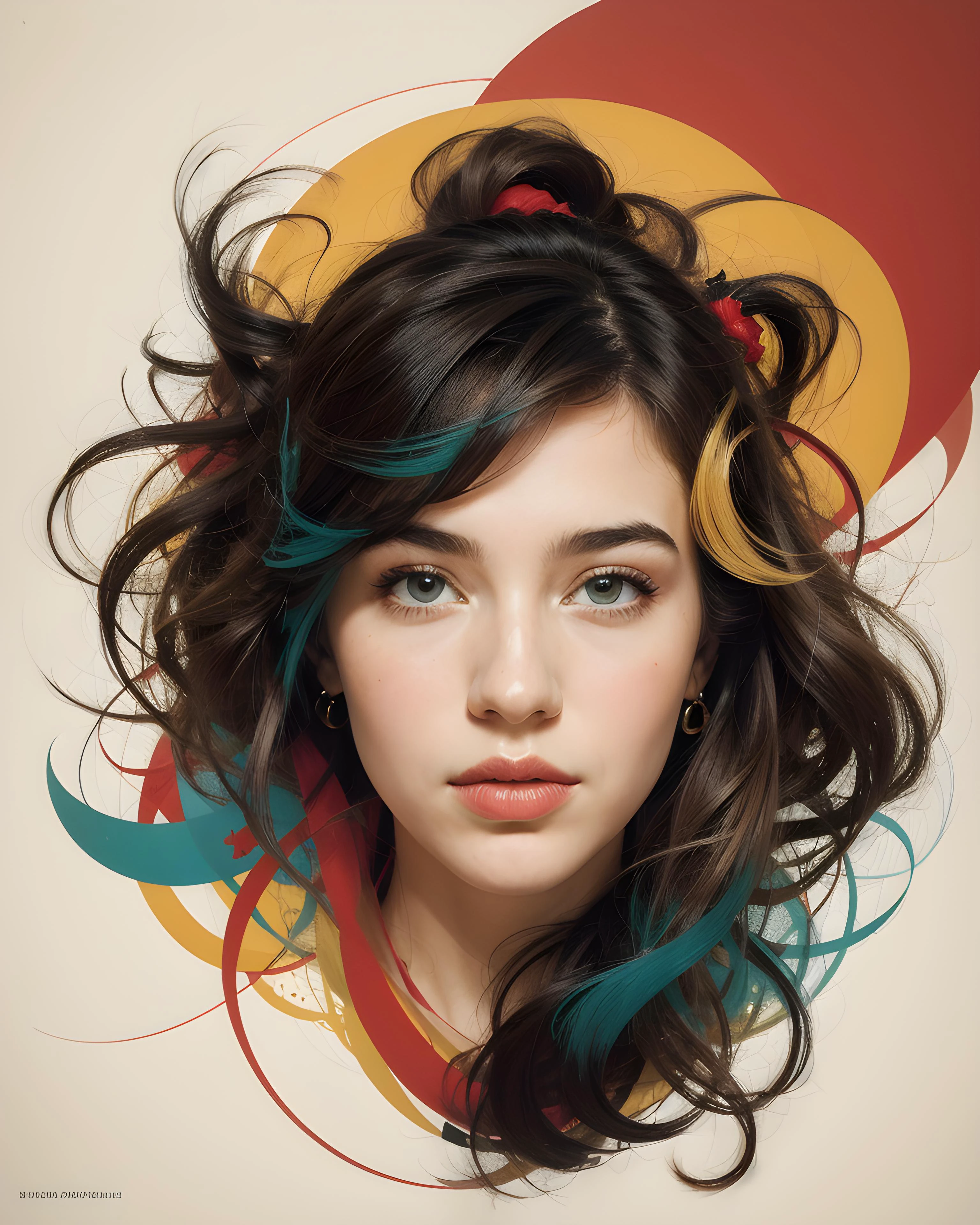 flat colors, graphic style, dynamic abstract portrait of young woman, abstract forms blended into the shapes of her face and hair, geometrical elements melted into the bold brush strokes in the faint mix of kandinsky and norman rockwell style