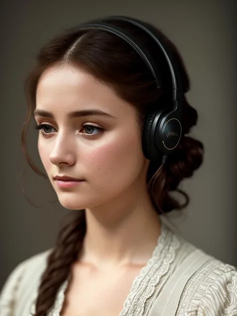 Jane Eyre with headphones, natural skin texture, 24mm, 4k textures, soft cinematic light, adobe lightroom, photolab, hdr, intricate, elegant, highly detailed, sharp focus, ((((cinematic look)))), soothing tones, insane details, intricate details, hyperdetailed, low contrast, soft cinematic light, dim colors, exposure blend, hdr, faded