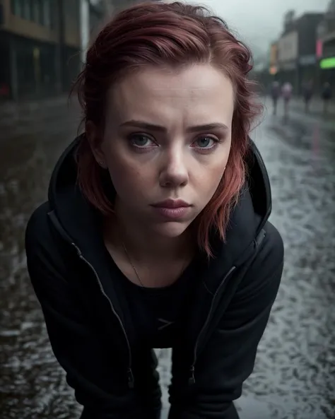(cinematic:1.5) shot, (abstract colors:1.3), texture, film grain, skin pores:0.1 foreshortening, petite nerdy goth chick wearing yoga pants (unzipped)1.2 hoodie (sports bra)0.6 cleavage, (from above)1, (scarlett johansson).6 (susan coffey).8 (Natalia Dyer)1.2, jogging on a (rainy:1.4) cyberpunk solarpunk (city street), intricate hasselblad dslr (RAW photo)1.3, dramatic portrait, (analog style)1.3 eye contact nofilter (selfie)1.2, (textured skin)1.2, (textured hair)1.2, (film grain)1.3 <lora:epiNoiseoffset_v2:1.5>