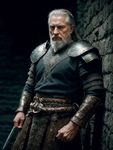(Highest quality:1.3), cinematic shot, masterpiece, (sharp focus:1.5), (photorealistic:1.3), medium portrait of (a weary-looking but still proud and fierce-looking old Viking warrior, now the leader of his village, dressed in elaborately detailed chain mail and leather armour, a few torches burn on the walls, giving the scene a dark atmosphere but sculpting the forms in sharp chiaroscuro), it is night time, (highly detailed skin), (detailed face), detailed background, dark lighting, twilight lighting, volumetric lighting, intricate details, UHD, <lora:epiNoiseoffset_v2:1.5>