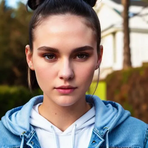 a young tall white woman, 23yo, medium black hair, hair bun, big black eyes, slim face, fit body, white hoodie, denim jeans, standing, outdoor, close up, front view, 4k, realistic photo, extremely detailed face