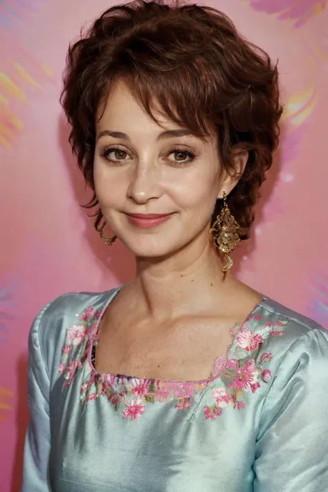 (close up:1.1). realistic photo of anpotmilf, a mature woman, 40 years old, fine lines and wrinkles, standing, wearing a dress, wearing earrings, smiling, standing, 80s style, 1980s, 80s hair, realistic, (masterpiece:1.0), (best quality:1.0), beautiful, (intricate details), unity 8k wallpaper, ultra detailed, flash photography lighting, <lora:anpotmilf_V1_LoCon-000014:1>