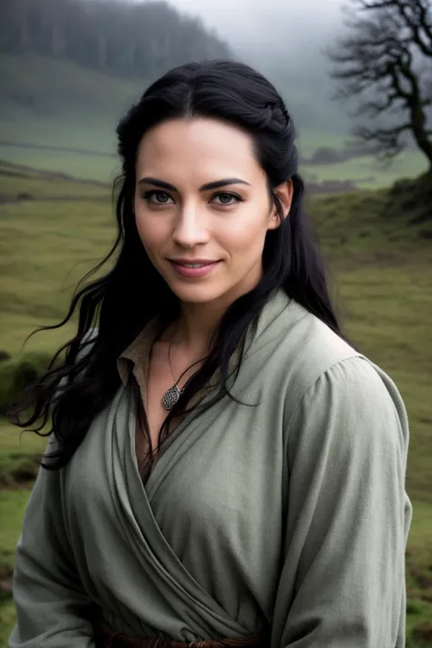 professional fantasy photoshoot of a beautiful woman, (light clothing), black hair black eyes, happy expression, perfect face, (perfect composition), detailed face and body, award-winning photography, margins, detailed face, detailed hands ,backlight, looking at the viewer, cinematic lighting, nature landscape, ((high fantasy background)), film still from the Lord of The Rings Cinematic trilogy, (misty cloudy poor lighting on a dull winter's morning)