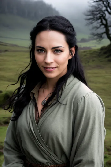 professional fantasy photoshoot of a beautiful woman, (light clothing), black hair black eyes, happy expression, perfect face, (perfect composition), detailed face and body, award-winning photography, margins, detailed face, detailed hands ,backlight, looking at the viewer, cinematic lighting, nature landscape, ((high fantasy background)), film still from the Lord of The Rings Cinematic trilogy, (misty cloudy poor lighting on a dull winter's morning)