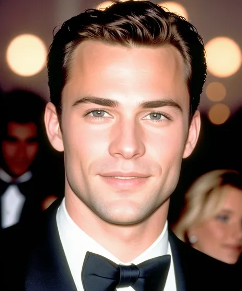 2019 portrait taken using a disposable 35mm film camera with flash at night, a famous male celebrity at the gala ball, natural skin,