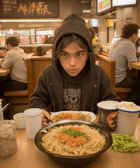 gritty raw street photography, ultra high detail sharp focus photo, plain clean earthy young hacker, matrixpunk cybercostume, eating noodles in a busy crowded street diner, working hard,