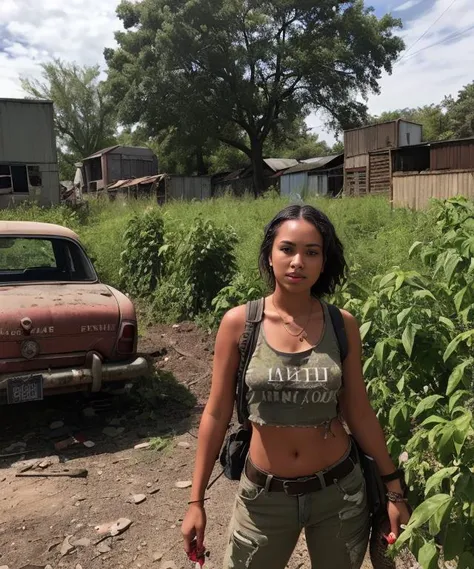2076 AD urban decay wasteland, hunter gatherer women picking fruit in the garden, torn shirt, no zombies allowed,