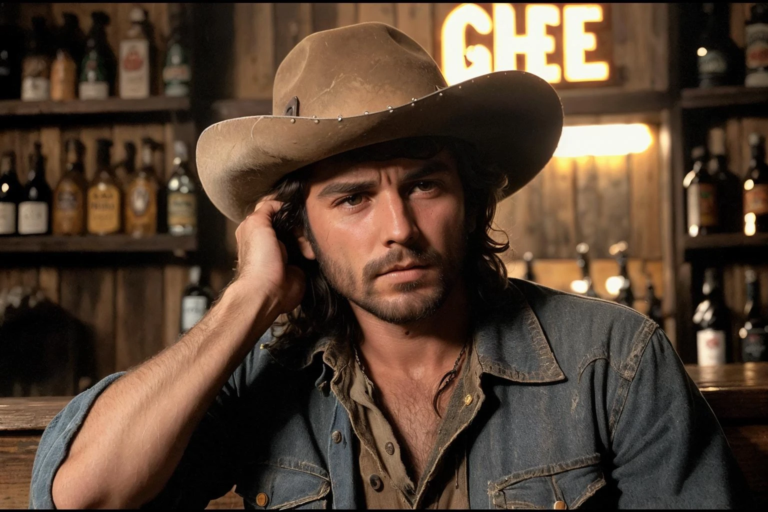 1979 italian western film, color panavision, tense dramatic scene, lonely rugged young cowboy protagonist at the saloon bar, gritty western realism, ultra sharp high detail,