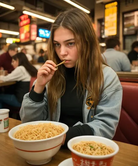 gritty raw street photography, ultra high detail sharp focus photo, plain clean earthy young female hacker, matrixpunk cybercostume, eating noodles in a busy crowded street diner, working hard,