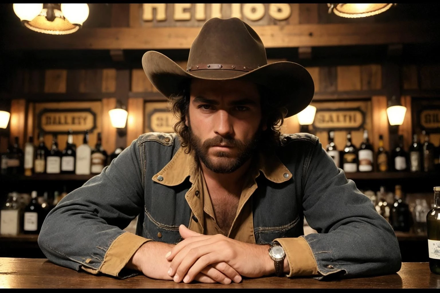 (1979 italian western film), color panavision, tense dramatic scene, lonely rugged young cowboy protagonist at the saloon bar, gritty western realism BREAK ultra sharp high detail, hand,