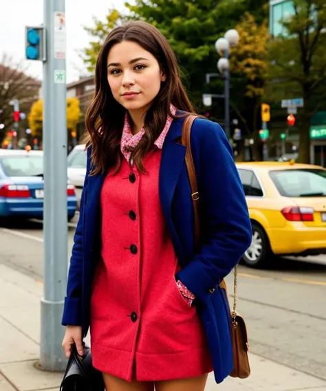 paparazzi magazine feature photo, a female celebrity waiting for a bus in portland