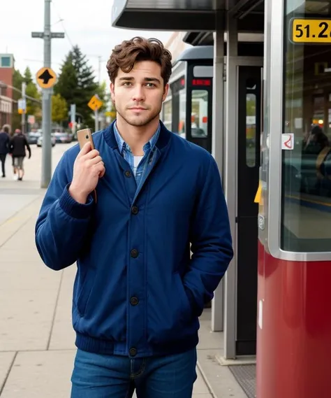 paparazzi magazine feature photo, a male celebrity waiting for a bus in portland