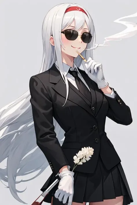 best quality, masterpiece, highres, solo, {black business suit:1.40}, {tie:1.20}, {sunglasses:1.25}, {white gloves:1.15}, {white shirt:1.10}, {black skirt:1.15}, {smoking:1.20}, handsome, {kama_fgo:1.15}, red_eyes, bangs, ribbon, hair_ribbon, jewelry, earrings, breasts, white_hair, blush, smile, short_hair, long_hair, small_breasts, grey_hair, large_breasts