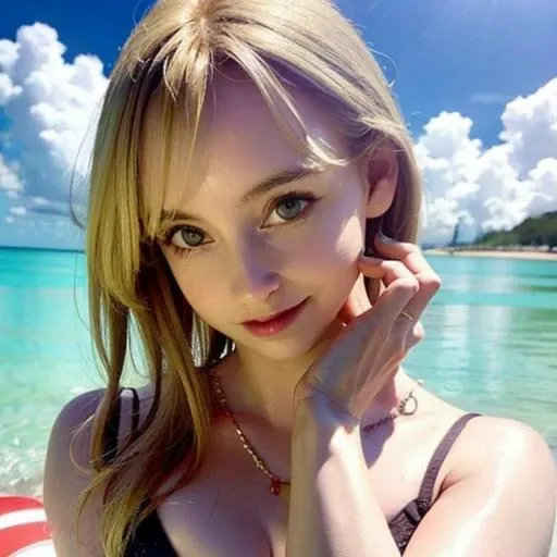 1girl, blonde, masterprice, portrait , bikini, beach,  <lora:gemmalouise_lora-06:1>