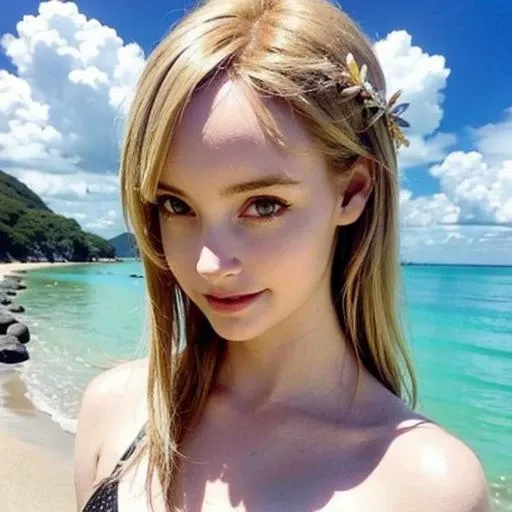 1girl, blonde, masterprice, portrait , bikini, beach, <lora:gemmalouise_lora-06:1>