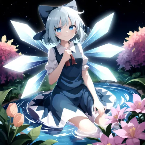 (SLE, mksks style),
1girl, cirno, cirno 4rt, ice wings, smiling, garden, pond, flowers, 
 <lora:cirno_2-05:0.7>,
vivid colours, vivid lights, cinematic lighting, frog,