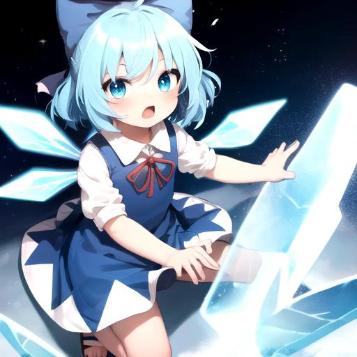 (SLE, mksks style), <lora:cirno:0.7>, cirno 4rt, blue hair, blue bow, blue dress, ice wings, AS-YoungerV2