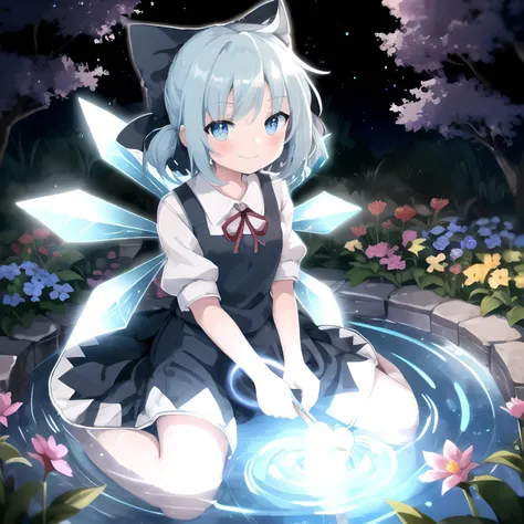 (SLE, mksks style),
1girl, cirno, cirno 4rt, ice wings, smiling, garden, pond, flowers,
<lora:cirno_2-05:0.7>,
vivid colours, vivid lights, cinematic lighting, frog,