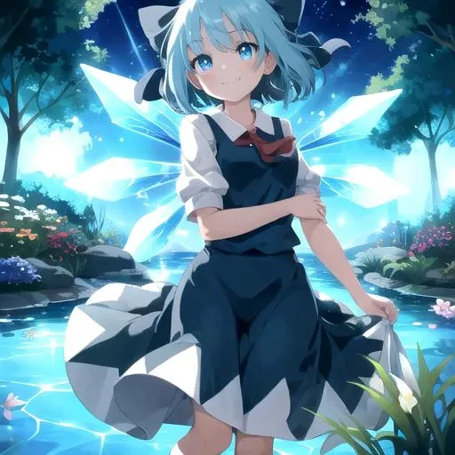 (SLE, mksks style),
1girl, cirno, cirno 4rt, ice wings, smiling, garden, pond, flowers,
<lora:cirno_2-05:0.7>,
vivid colours, vivid lights, cinematic lighting, frog,