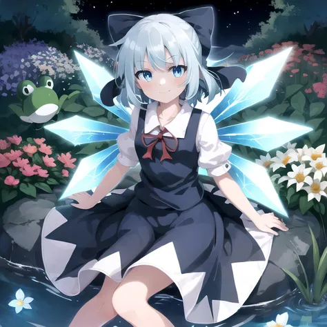(SLE, mksks style),
1girl, cirno, cirno 4rt, ice wings, smiling, garden, pond, flowers,
<lora:cirno_2-05:0.7>,
vivid colours, vivid lights, cinematic lighting, frog,