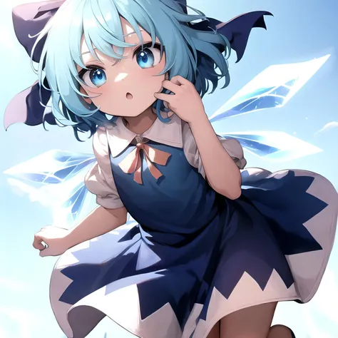 (SLE, mksks style), <lora:cirno:0.7>, cirno 4rt, blue hair, blue bow, blue dress, ice wings, AS-YoungerV2