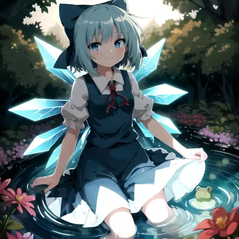 (SLE, mksks style),
1girl, cirno, cirno 4rt, ice wings, smiling, garden, pond, flowers,
<lora:cirno_2-05:0.7>,
vivid colours, vivid lights, cinematic lighting, frog,