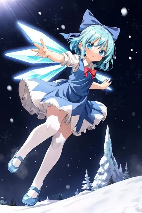 (masterpiece, best quality),<lora:GoodHands-vanilla:0.7> <lora:anmnr01:0.3> <lora:add_detail:0.5>, solo, looking at viewer, <lora:cirno:0.7>,cirno,snow effect,snow,crystal,stylish angle,active pose