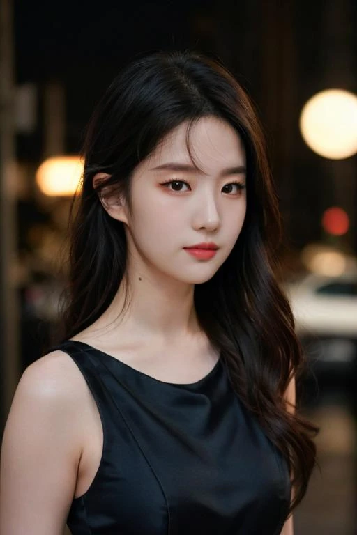 ((upper body:1.2)), nikon RAW photo, 8 k, long hair, Fujifilm XT3,masterpiece, best quality, realistic, photorealistic, ultra detailed, extremely detailed face, solo,1girl, standing, fashionable and trendy atmosphere, and a stylish expression on her face, close up, black dress, walking, at the dark streets, moonrise, sleeveless, fabric clothes,<lbm=FACES>
