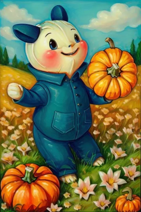 <lora:envybetterhandsLocon_alpha3:1>, <lora:BrandiMilne:.7>, brandimilne, painting of a peacful meadow with flowers and a melting pumpkin man
