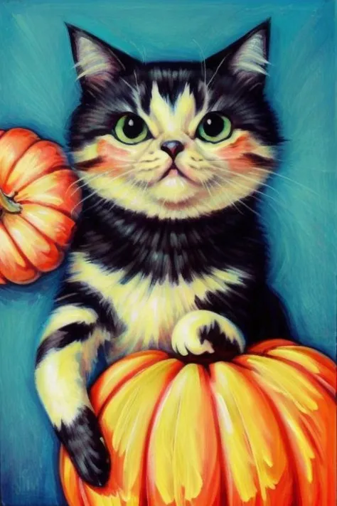 <lora:envybetterhandsLocon_alpha3:1>, <lora:BrandiMilne:.7>, brandimilne, painting of a confused cat and a pumpkin