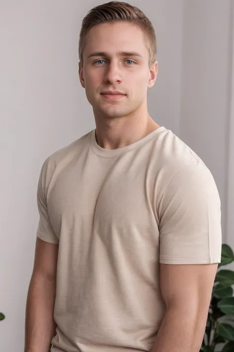 closeup professional photo of male sc_abe <lora:sc_abe-06:0.75> wearing a classic well-fitted crew-neck t-shirt, neutral backdrop, even and flattering lighting, soft diffused lighting, confident and empowering mood, looking at camera