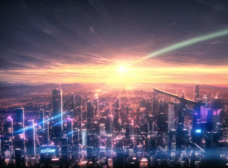 masterpiece,best quality,official art,extremely detailed CG unity 8k wallpaper, (((((1girl))))),((solo)),(((crossover))), (night), (sunset),((dark)),colorful, optical_illusion,caustics,lens flare,bokeh,((bloom)),incredibly_absurdres, wallpaper, (cityscape), (((in the cyberpunk city))),  artbook, science_fiction, [realistic],  landscape/scenery, broken ground,cloudy sky