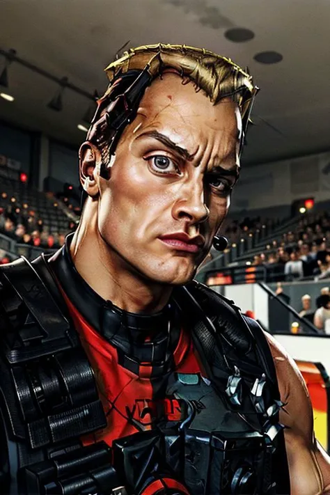 duke nukem, RocksEyebrowRaise,portrait, raised eyebrow, thick eyebrows, on an empty football stadium, solo (epic composition), masterpiece, award-winning