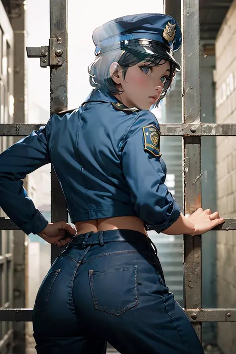 (TWISTED TOSO, LOOK BACK, BENT DOWN, , LEAN DOWN AGAINST JAIL BARS, FACE FOCUS:1.2)
Portrait  kodachrome camera transparency
1girl, police officer, short hair, police uniform, police hat, POLICE PANTS, POLICE JACKET,
LIGHT BLUE,