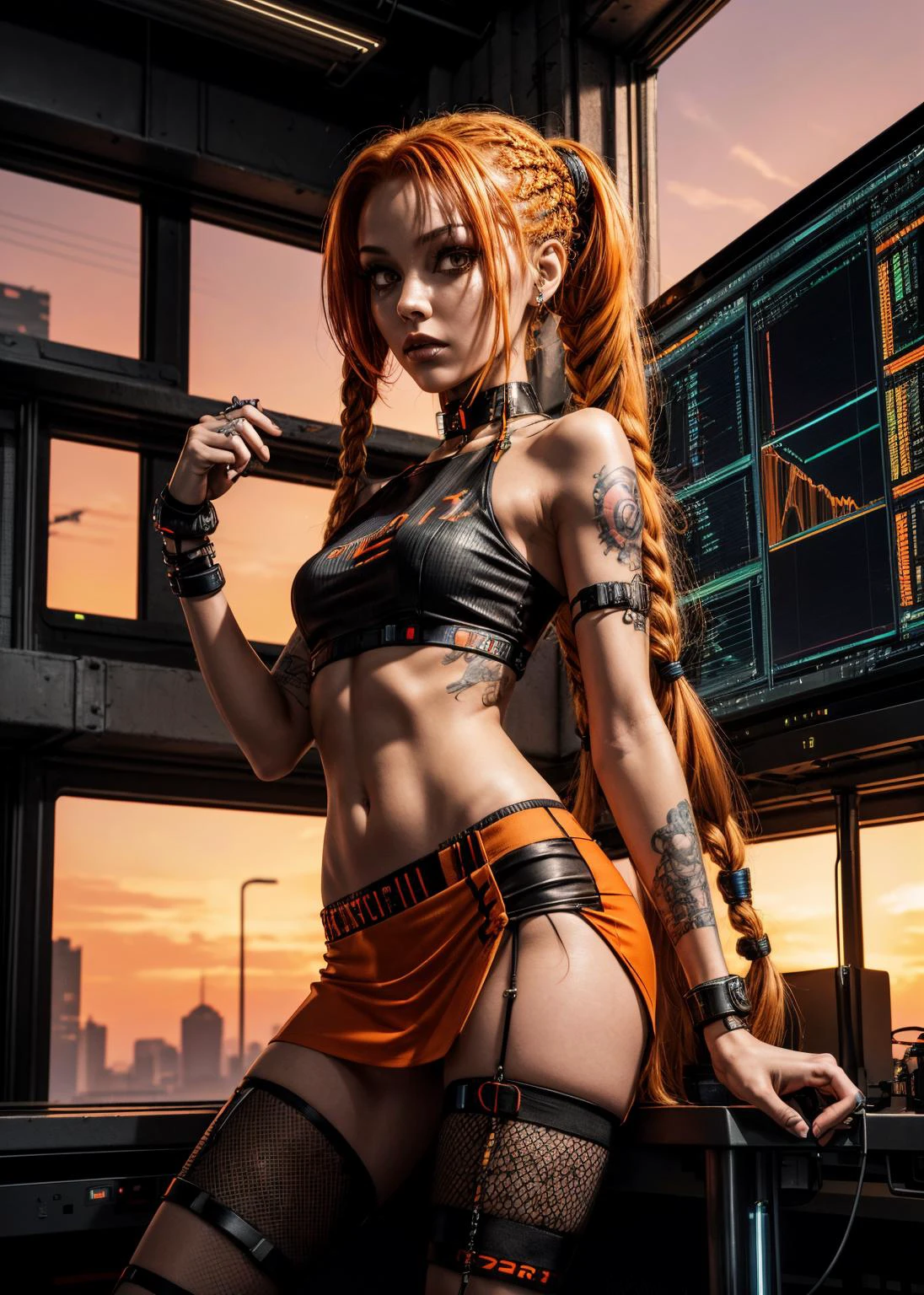 (masterpiece:1.2), (best quality:1.2), (photorealistic:1.2), upper body, far future, science fiction,
(skinny 21 year old cyber goth woman:1.2), (Sunset orange loose braided hair),
mini skirt, choker, skimpy, socks, tattoo,
futuristic office, monitors, neon, cyberwear,
highly detailed, <lora:more_details:0.75>