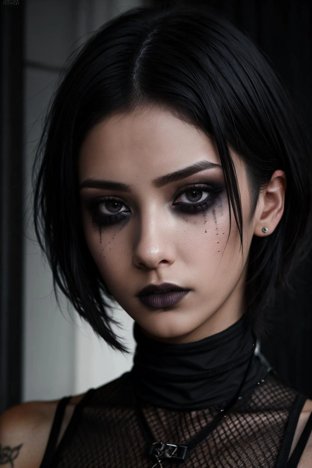 masterpiece,best quality,photorealistic, head portrait,
(a 21 year old skinny Mariense girl:1.2), short straight hair, gothgirl, ruined makeup, sad look,
intricate details, cinematic, dimmed colors, dark theme, <lora:ruined:0.6>, <lora:LowRA:0.3>