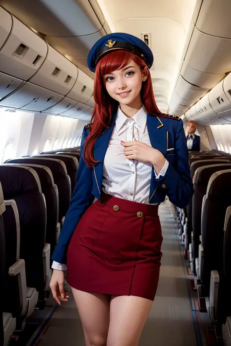 (best quality, masterpiece), a portrait of a girl as flight attendant , (18 years old) ,blue uniform hat,standing, hight heels, airplane corridor,red hairs,smile, COVERING BREASTS, COVERING CROTCH, <lora:qqq-covering_breasts_crotch-v1:0.7>